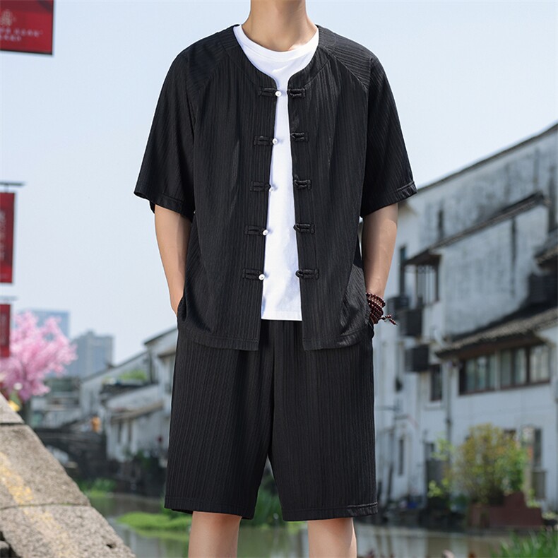 2025夏季风男装套装针织竖纹理唐装套装短袖+短裤A101-P75,男装休闲套装,电商B277(原6028)