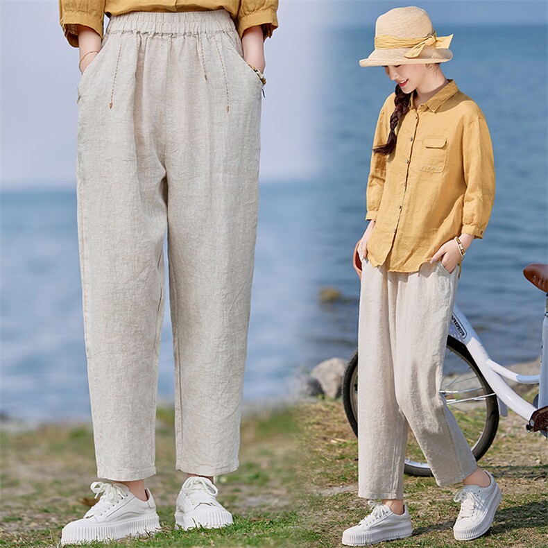 棉麻裤子女2025休闲透气长裤宽松薄款中年妈妈洋气减龄直筒女裤，女装休闲裤，涵誉