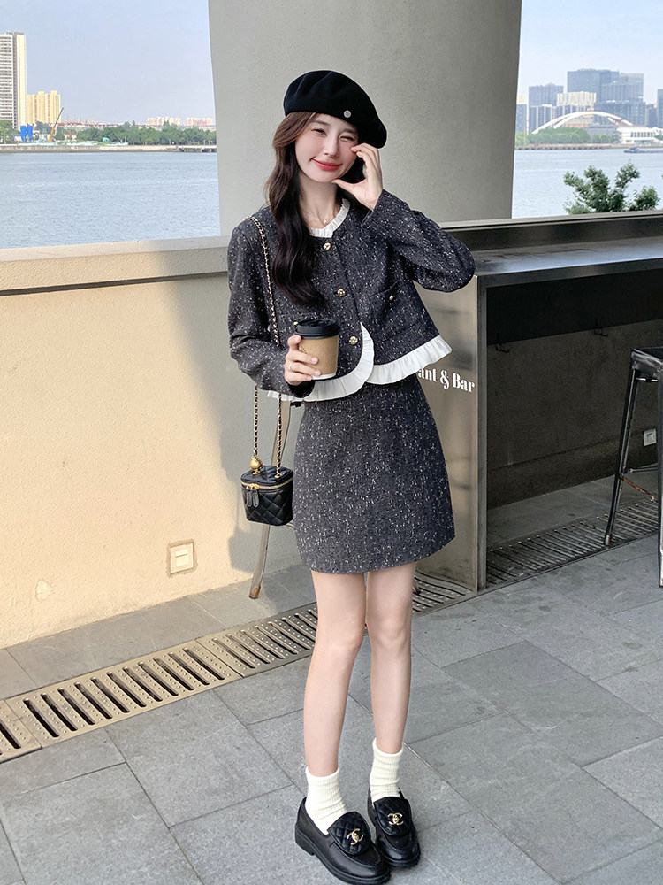 灰色甜美拼接小香风上衣套装裙女2025新款春季法式半身短裙两件套,女装套装/套裙,帛锦泉