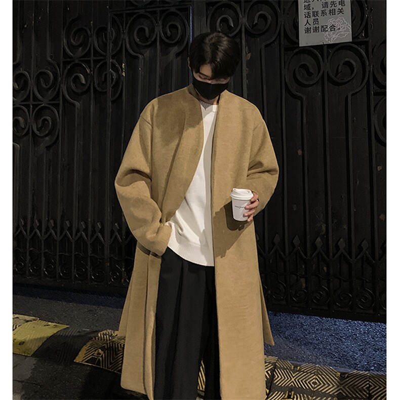 秋冬毛呢大衣男士中长款韩版加厚无领呢子过膝风衣外套-F7749P138,男装风衣,电商B289-1
