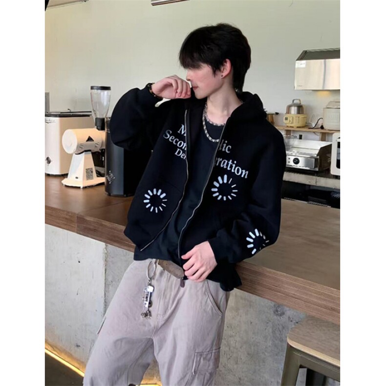 美式复古连帽卫衣男女同款字母印花情侣开衫外套宽松WY02,女装短外套,星座1116A（原606A-3）