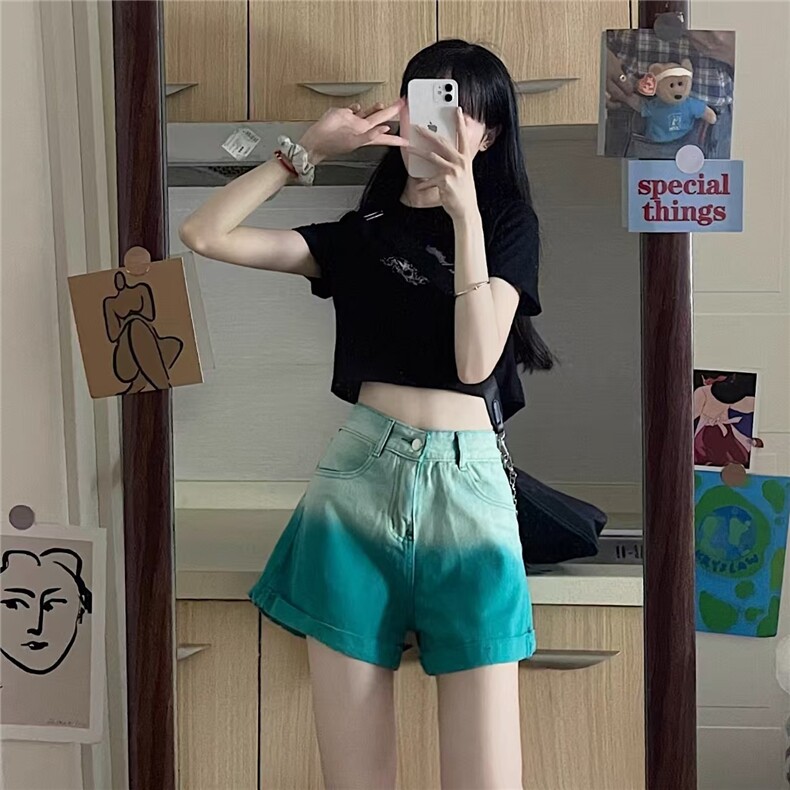 渐变色牛仔短裤女夏季薄款高腰显瘦直筒阔腿裤宽松热裤裤子ins潮,男装牛仔裤,星座506A