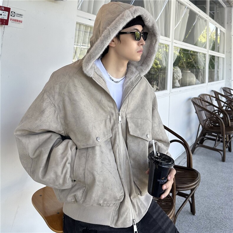 韩版重磅加绒连帽仿水貂毛棉服老钱座山雕牛仔棉衣外套,男装棉衣,电商C307