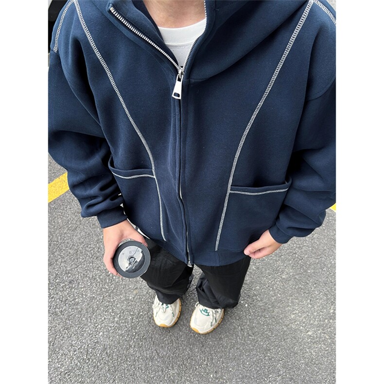 抖音得物高品质秋冬美式高街重磅结构辑明线纹理连帽卫衣外套W111,男装卫衣,电商A486