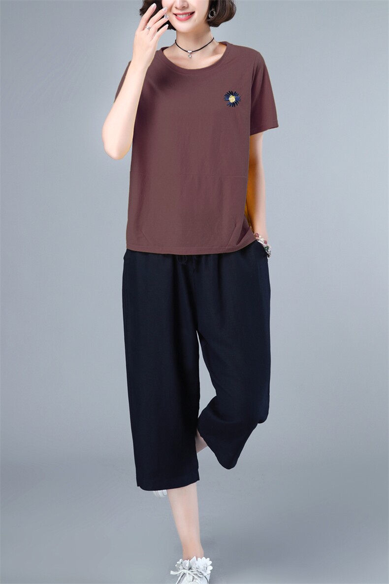 HANYU夏装新款两件套装女T恤小衫女小雏菊绣花点缀宽松显瘦,女装套装/套裙,涵誉