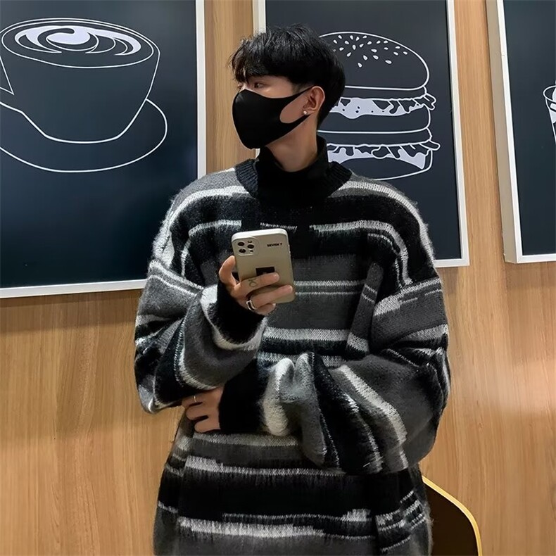 美式复古冬季小众设计条纹圆领毛衣男高街SM807P45,男装针织衫/毛衣,星座1116-2