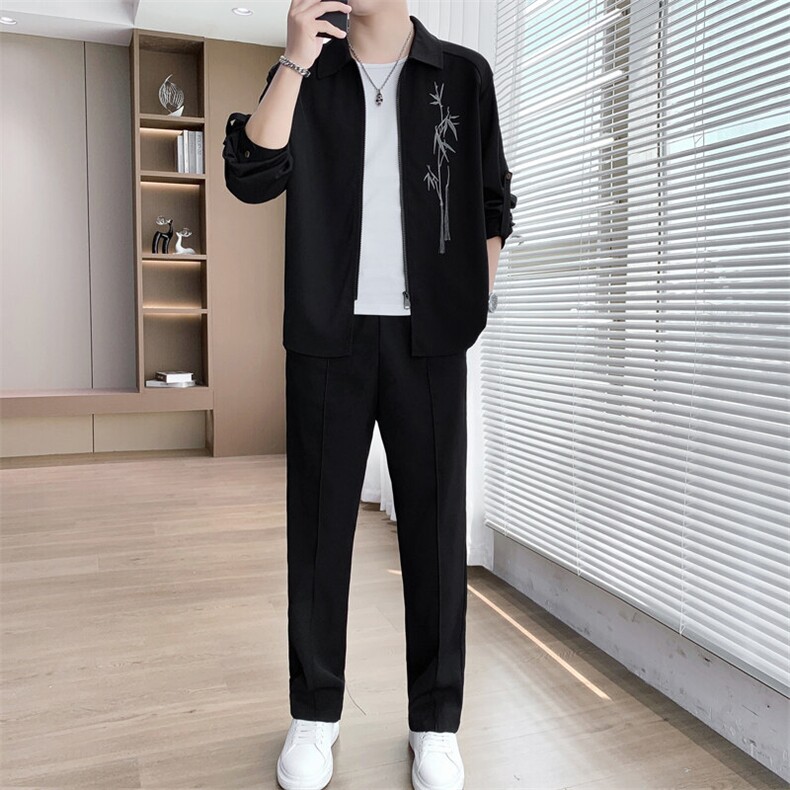 2025新款春季长袖套装长裤男士时尚两件套新中式刺绣-7727-P100,男装休闲套装,星座1105