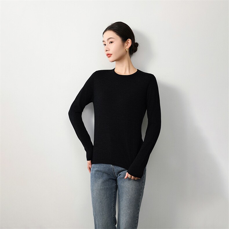 16针精纺女士卷边圆领羊毛衫羊毛长袖柔软，女装羊毛衫，庆大羊绒