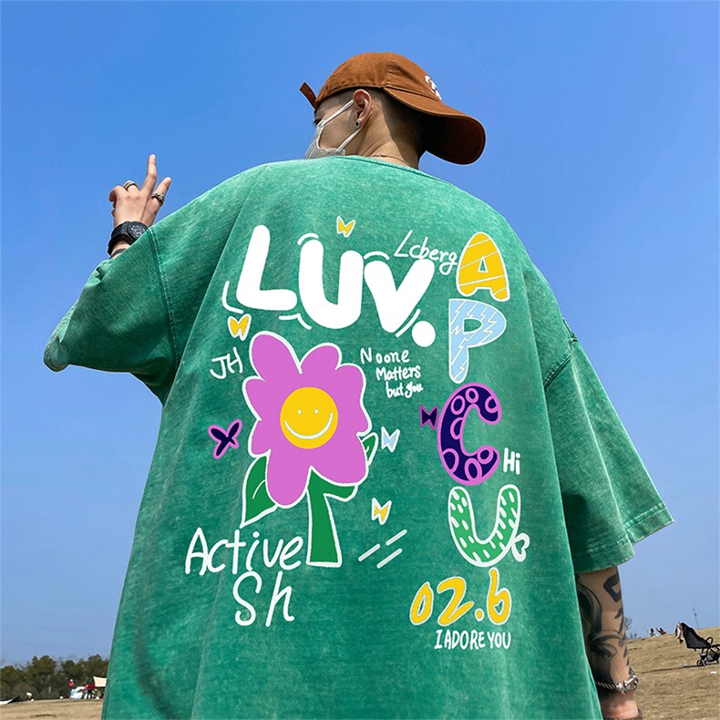 韩东大门重磅直播品美式复古蜡染水洗做旧宽松短袖t恤T988P38,男装T恤,电商A486