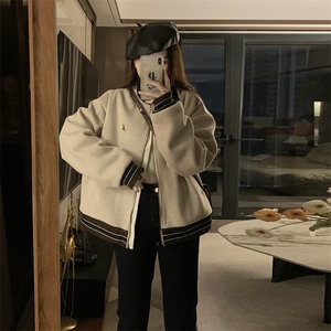 C869-P110美式复古毛呢外套女2025新款加厚拉链棒球服夹克宽松图片