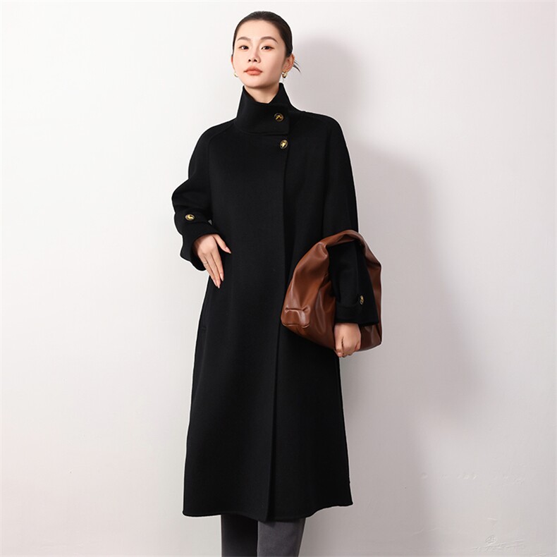 2024秋冬新款双面羊绒大衣女立领系带赫本风高级感毛呢外套中长款,女装双面呢大衣,岳达羊绒