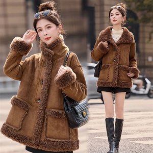 美拉德麂皮绒羊羔毛外套女冬季新款复古宽松加绒加厚立领皮毛一体,女装羊羔毛/颗粒绒,韩蔻秀