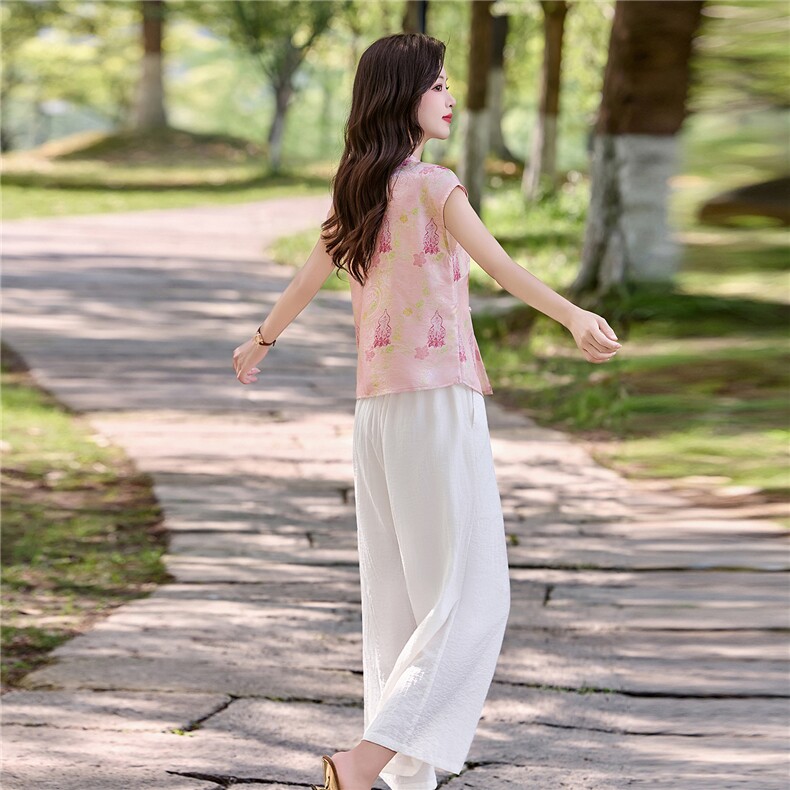 新中式套装女夏新款洋气不规则盘扣上衣+阔腿裤两件套,女装套装/套裙,姿衣坊