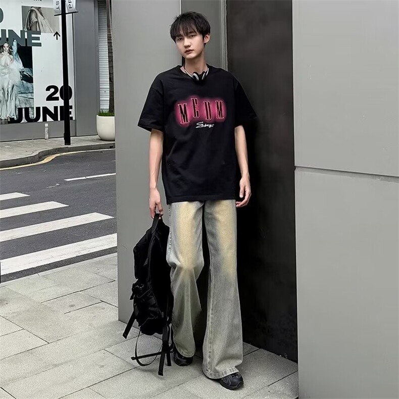 美式复古牛仔裤男士春秋款高街宽松阔腿裤子潮牌休闲直筒牛仔长裤,男装牛仔裤,星座1013