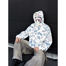 美式复古鲨鱼头双帽拉链卫衣男2025春秋季潮牌青少年宽松迷彩外套，男装卫衣，星座601-1