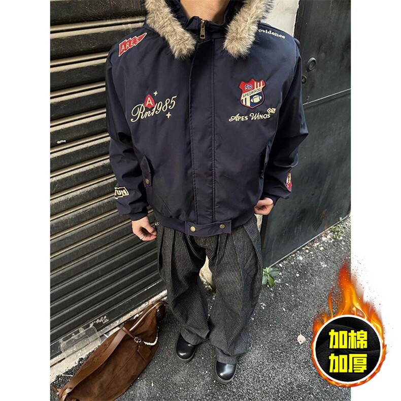 现货高品质美式高街重磅刺绣座山雕大毛毛领棉衣男女加厚棉服外套，男装棉衣，电商A443