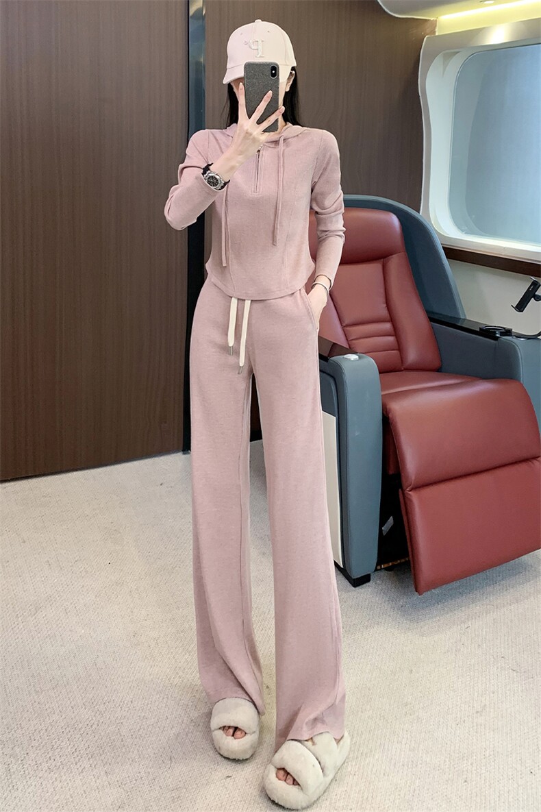 女秋季新款收腰显瘦半拉链连帽卫衣阔腿裤两件套,女装套装/套裙,江南