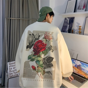 美式高街复古玫瑰印花上衣男生春季宽松卫衣JK23391特批25-控48图片