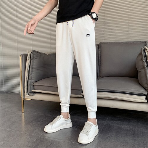 休闲裤男秋季新款韩版修身网红同款束脚裤刺绣针织运动长裤哈伦裤，女装休闲裤，电商A327