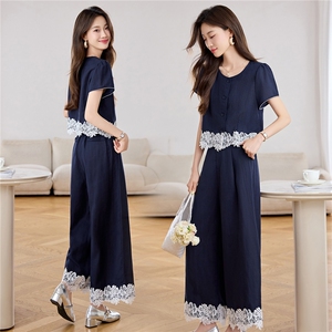 深蓝色蕾丝拼接衬衫套装女2025年夏季新款设计感休闲阔腿裤两件套图片