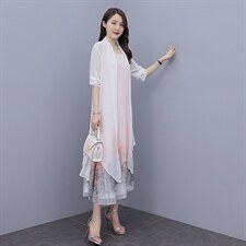 夏季新款优雅印花长款连衣裙防晒外披两件套，女装连衣裙，秀美人生