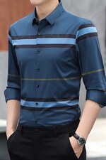 2023春秋季新款条纹衬衫男长袖中年男装潮流商务休闲宽松薄款寸衫，男装衬衫，电商B212（原钱塘6029）