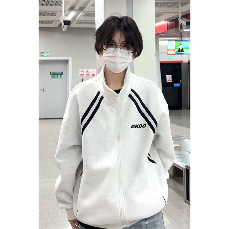 抖音得物高品质秋冬美式重磅结构织带撞色立领印花卫衣外套AW7002,女装短外套,电商A443