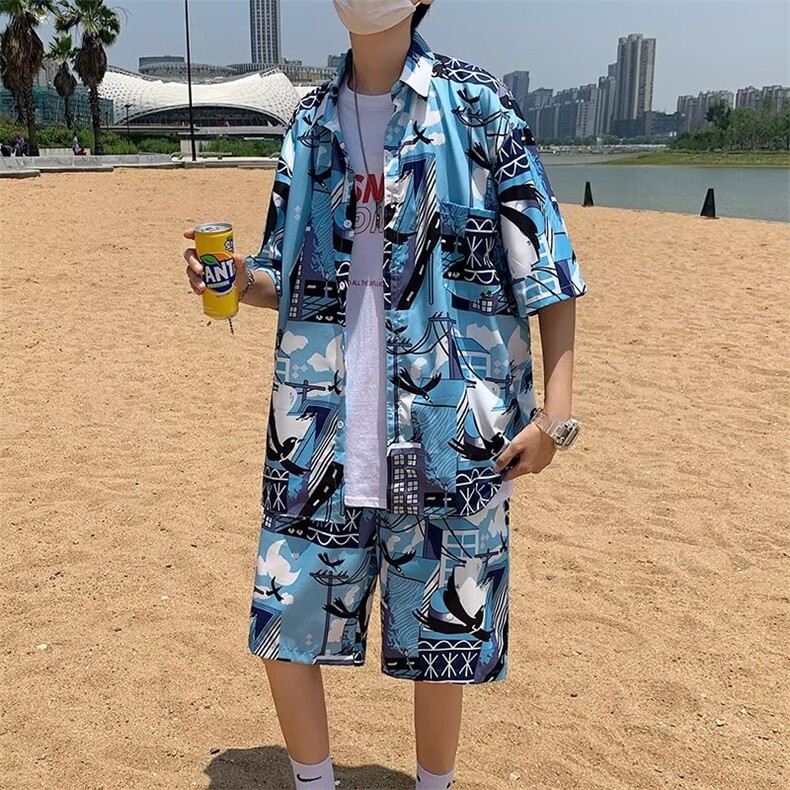 花衬衫套装男潮牌夏季冰丝短袖短裤两件套旅游度假休闲沙滩情侣装图片