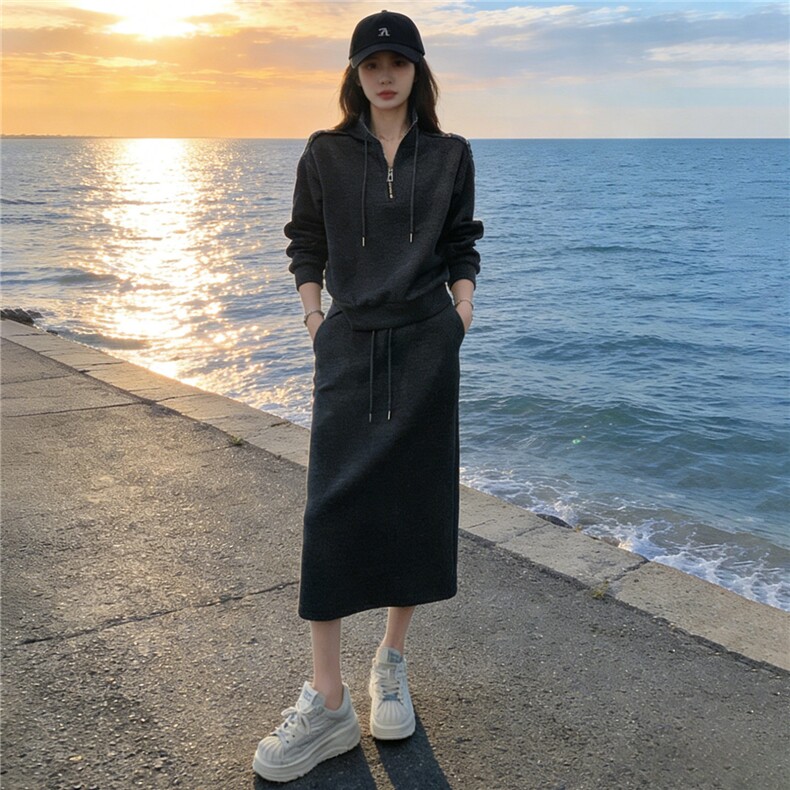 高端气质时尚套装裙女春季新款洋气显瘦立领卫衣修身半身裙两件套,女装套装/套裙,江南