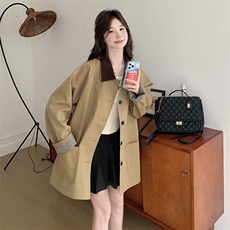 卡其色韩系穿搭风衣外套女士2025秋季新款小个子撞色拼接翻领上衣，女装风衣，2C198