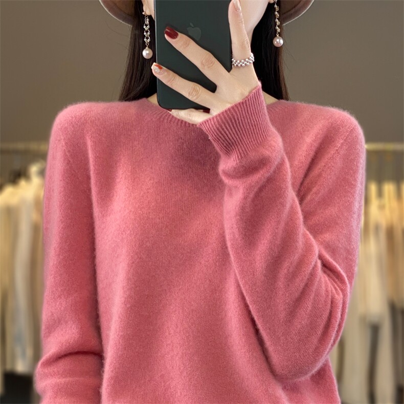 奢华质感澳洲羊毛衫女圆领一线成衣套头打底毛衣针织衫外搭,女装羊毛衫,鲁菏羊绒