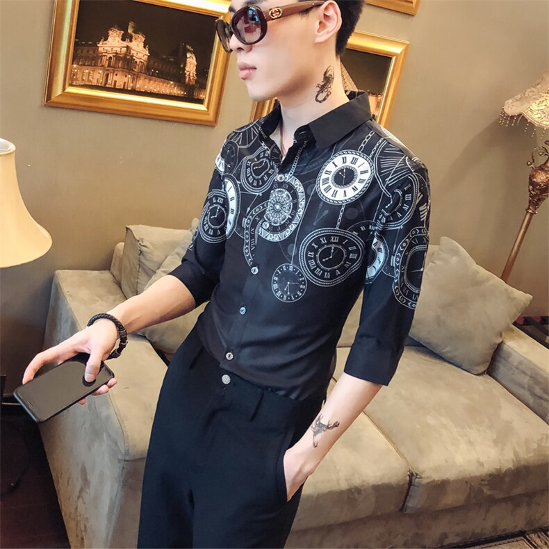 2021新款男士印花衬衫休闲修身中袖夜店衬衣社会风工作服D448,男装衬衫,星座419（原A233）