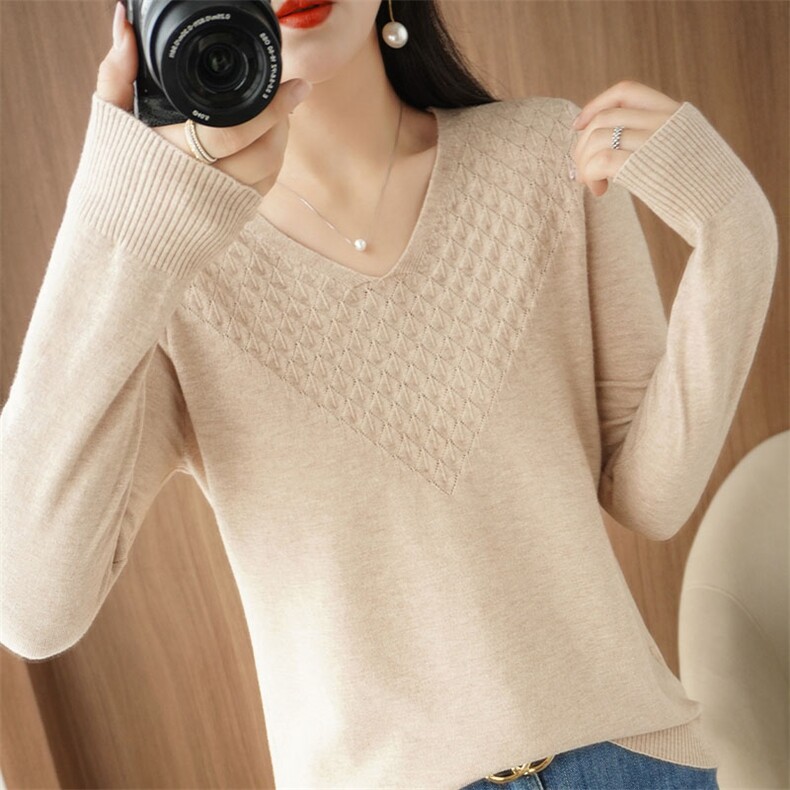 简约V领针织打底衫女秋冬洋气内搭套头毛衣长袖百搭保暖上衣毛衫，女装针织衫/毛衣，萱芳婷羊绒