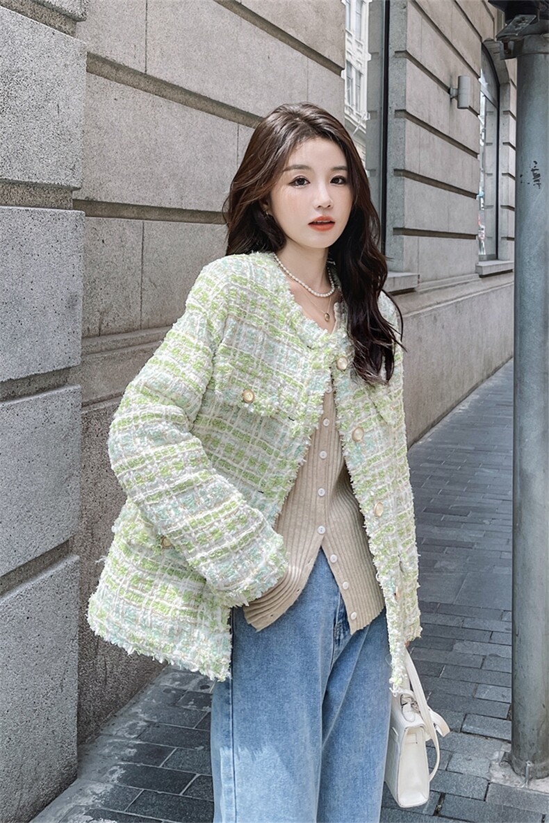 温柔风绿格纹小香风外套女2025春秋新款高级感穿搭时尚气质短外套,女装毛呢外套,2C056