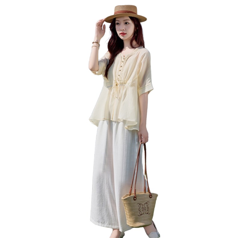 高级感贵气天丝套装女2026夏季新款妈妈亚麻阔腿裤御姐两件套,女装套装/套裙,水衣源