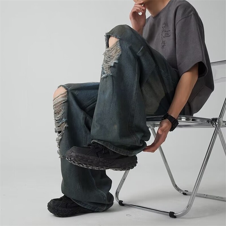 春夏男生设计感牛仔裤高街破洞时尚潮流休闲百搭牛仔长裤,男装牛仔裤,星座1013