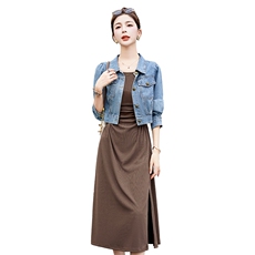 洋气减龄套装女2023秋季新款高级感气质牛仔外套吊带连衣裙两件套，女装套装/套裙，采品优优