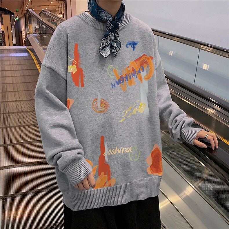 1港风日系宽松休闲情侣套头圆领印花加厚毛衣男7781P55加绒P70,男装针织衫/毛衣,星座226-2