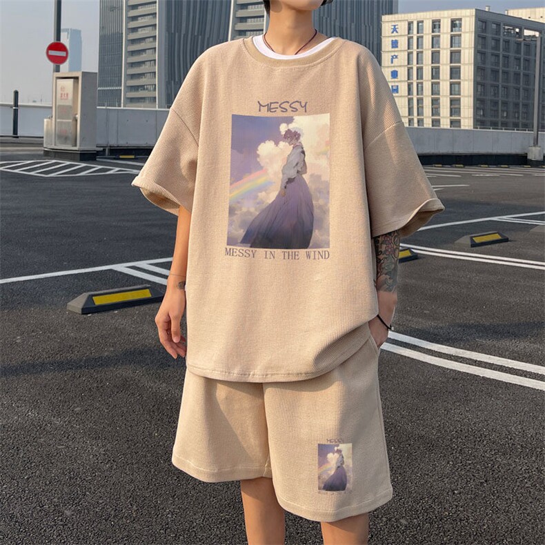 ！2025夏季华夫格短袖套装学生百搭一套衣服HTZ90P50,男装T恤,电商B220