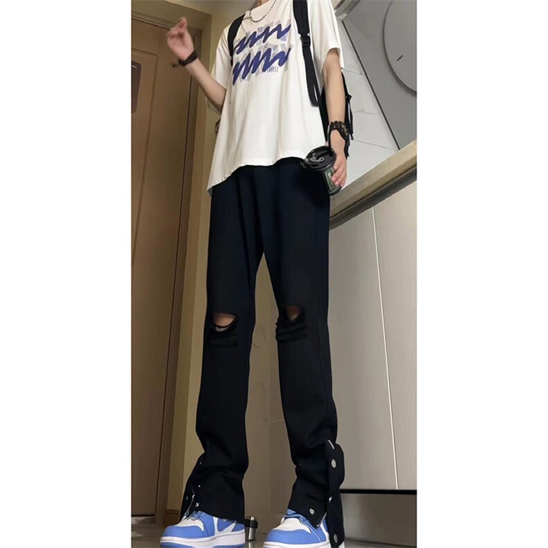 美式高街ins小众拉链hiphop排扣破洞休闲牛仔裤货号K642P60控78图片