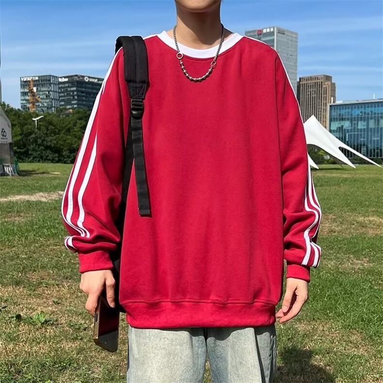 美式三条杠圆领套头卫衣男春季vibe潮牌宽松休闲纯色衣服Q00/P36图片