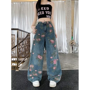 夏季潮牌满印花朵直筒阔腿裤牛仔裤男女长裤显高显瘦N77030图片
