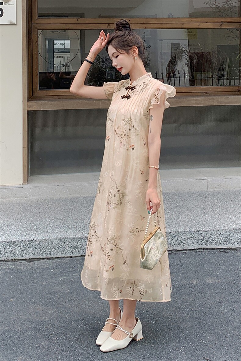 国风水墨画碎花连衣裙女中长款2025夏新款新中式宽松旗袍改良裙子,女装连衣裙,秋水欣儿