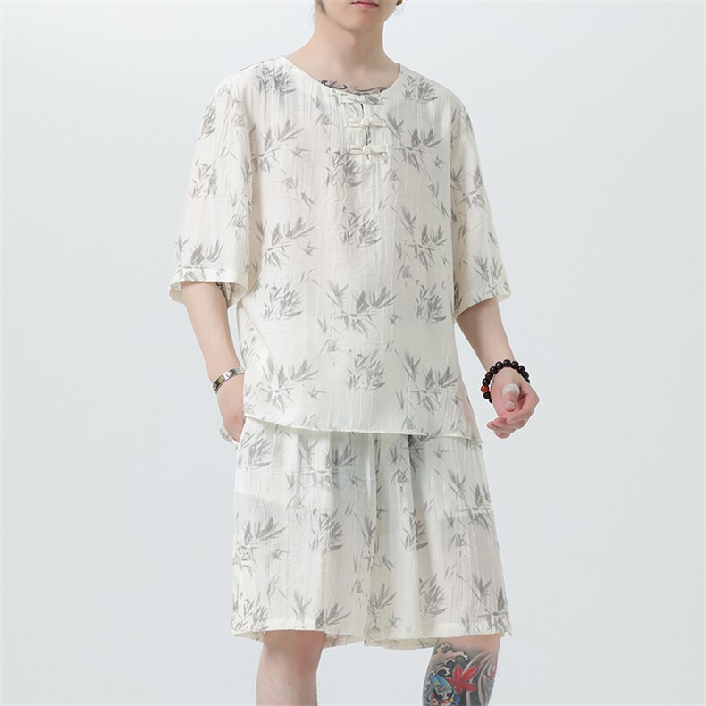 2025夏新款男装风新中式竹叶印花盘扣套装短袖+短裤A107-P85,男装休闲套装,电商B277(原6028)