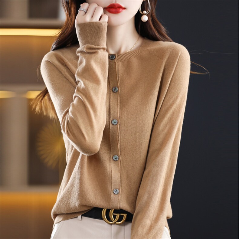 100%纯羊毛开衫女圆领一线成衣提花长袖针织衫毛衣宽松羊绒衫外套，女装针织衫/毛衣，大美人包芯纱店