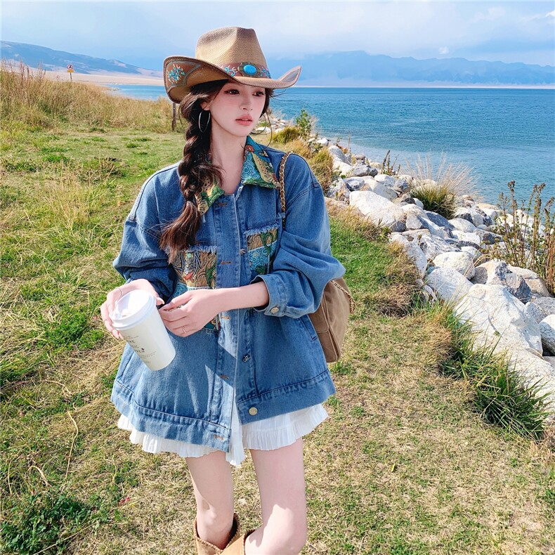 撞色油画碎花牛仔短外套女春秋2025新款巨好看百搭设计感超火上衣,女装短外套,2C375