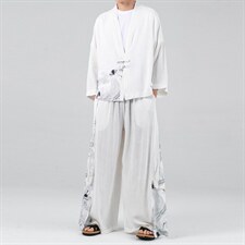 大码汉服改良风开衫阔腿裤套装情侣两件套古风仙气TZ72/P145，男装休闲套装，电商A221A