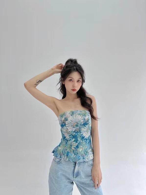 蓝色油画抹胸上衣，抹胸，HE