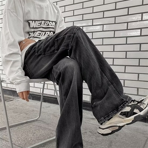 黑灰色拼接工装牛仔裤男秋季潮牌机能美式街头高街2025潮男秋冬图片