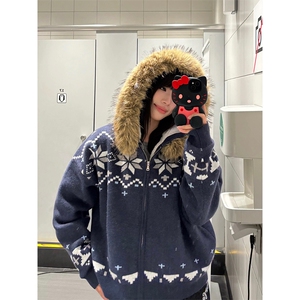 网图有货 费尔岛毛领开衫连帽毛衣男女宽松针织衫外套 A1121-P70图片